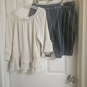 Cream Ruffled Peasant Blouse with Navy Pinstripe Shorts